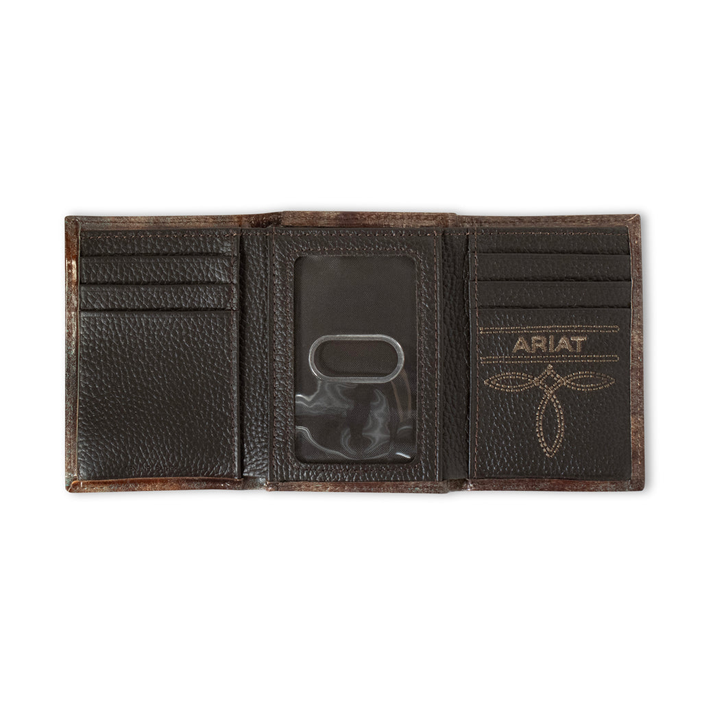 ARIAT MENS TRIFOLD STYLE WALLET TURQUOISE OUTLINE SOUTHWESTERN BROWN