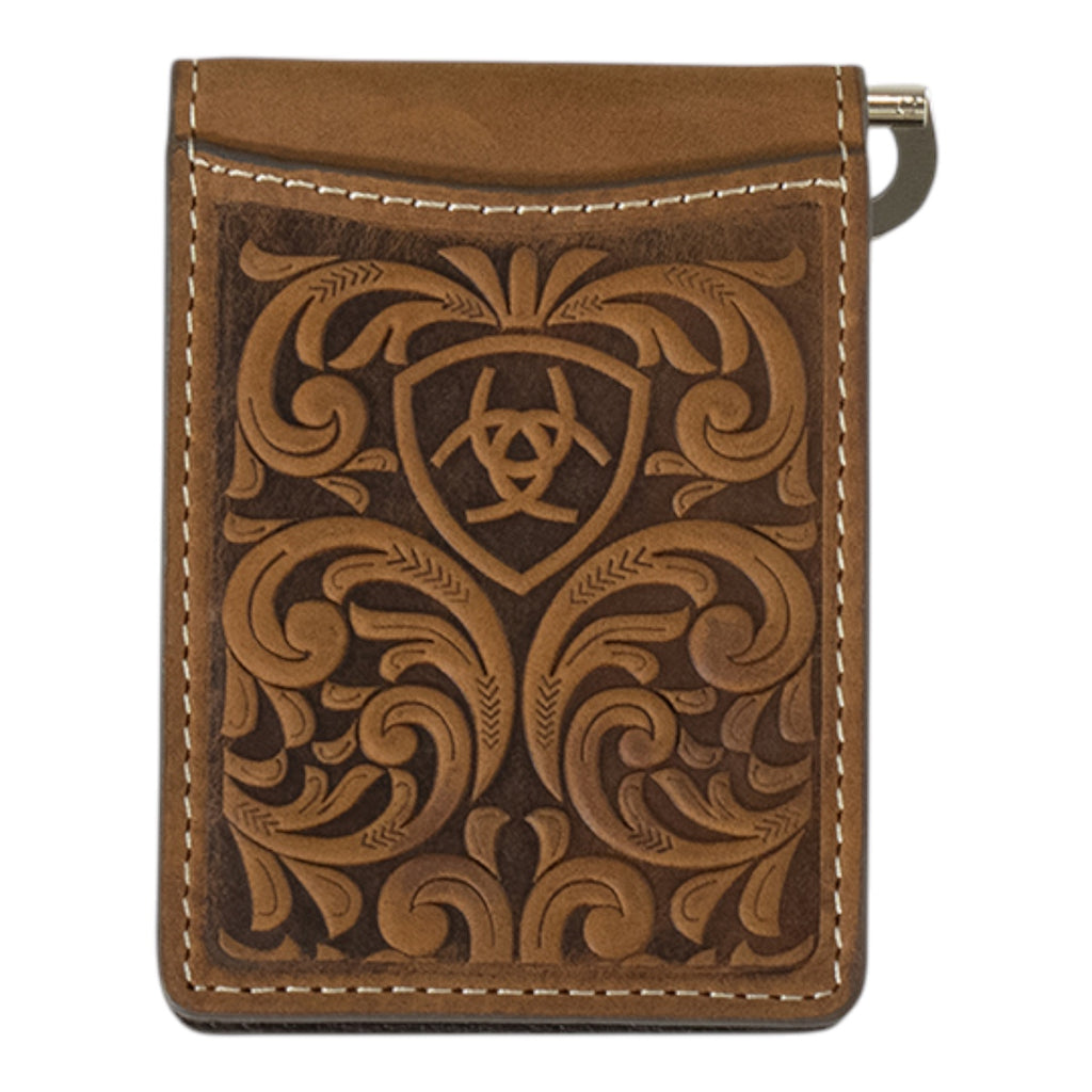 ARIAT BIFOLD MONEY CLIP SCROLLNG EMBOSSED MEDIUM BROWN