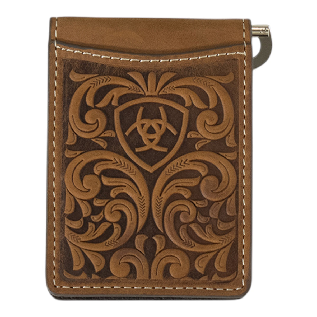 ARIAT BIFOLD MONEY CLIP SCROLLNG EMBOSSED MEDIUM BROWN