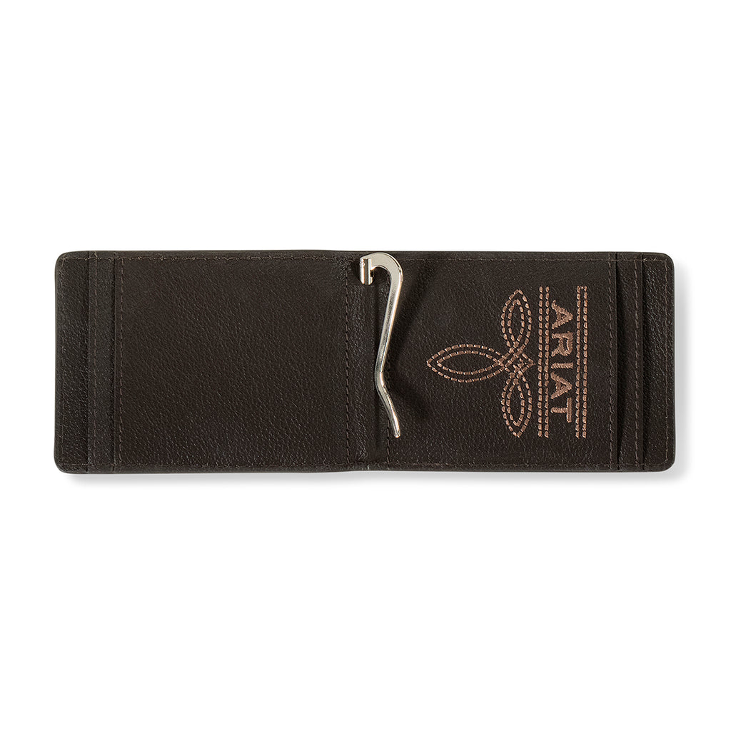 ARIAT BIFOLD MONEY CLIP SCROLLNG EMBOSSED MEDIUM BROWN