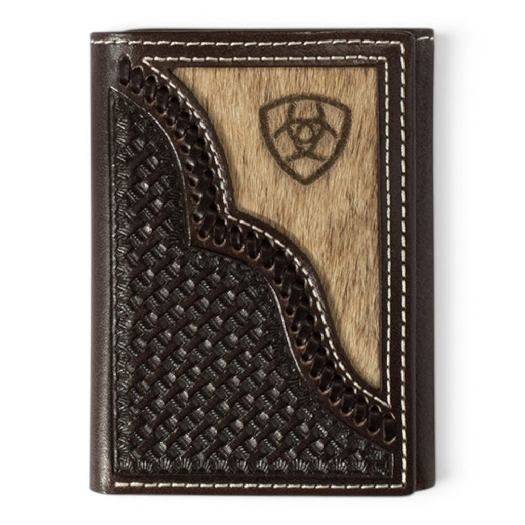 ARIAT MENS TRIFOLD WALLET CALF HAIR OVERLAY CHOCOLATE