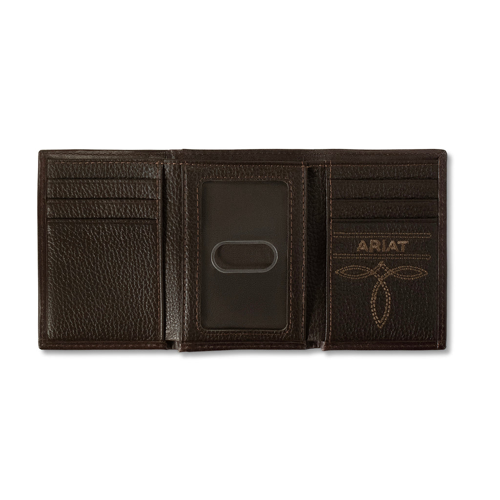 ARIAT MENS TRIFOLD WALLET CALF HAIR OVERLAY CHOCOLATE