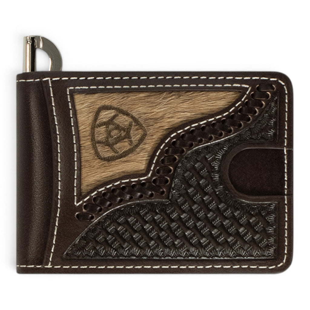 ARIAT MENS BIFOLD MONEY CLIP STYLE WALLET CALF HAIR OVERLAY CHOCOLATE