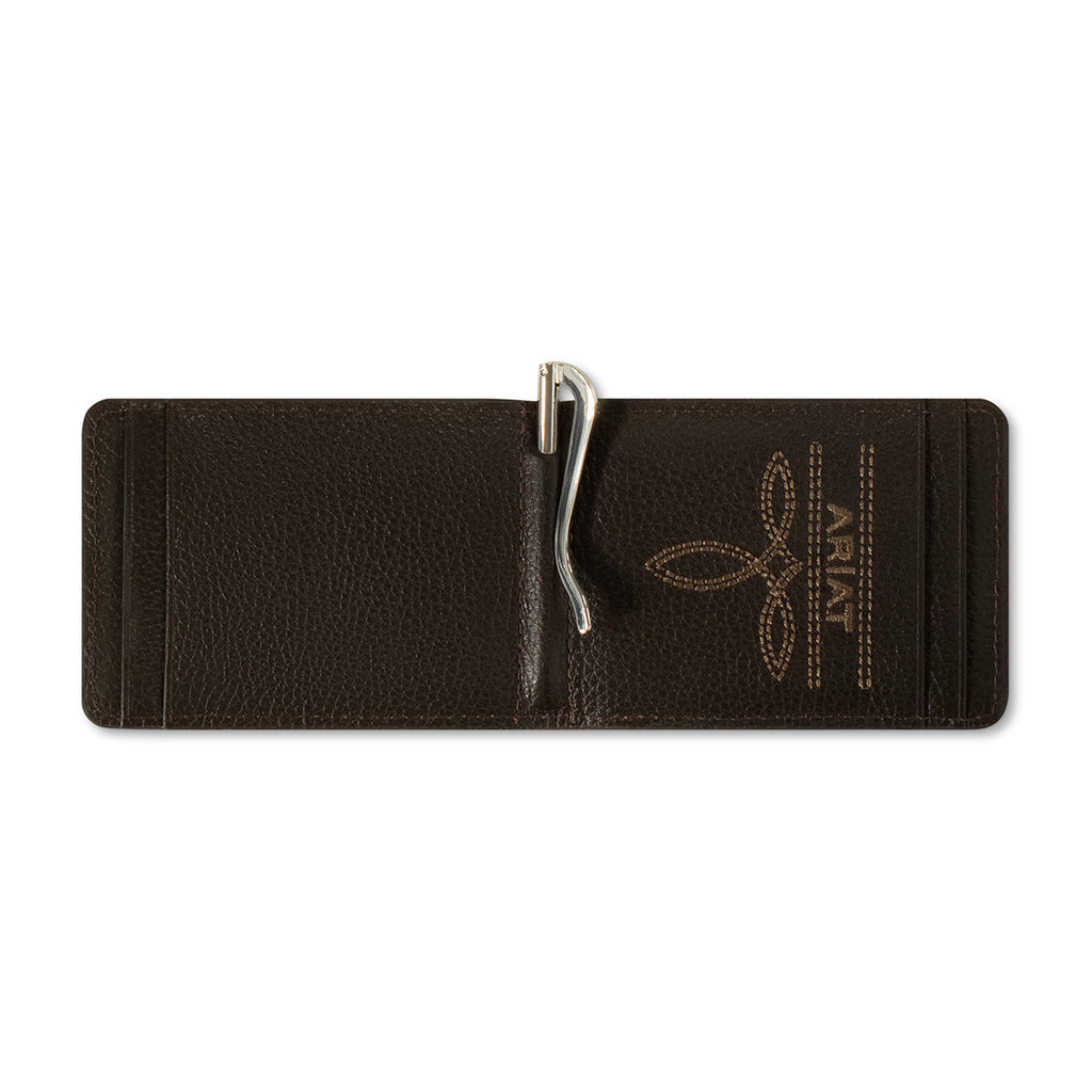 ARIAT MENS BIFOLD MONEY CLIP STYLE WALLET CALF HAIR OVERLAY CHOCOLATE