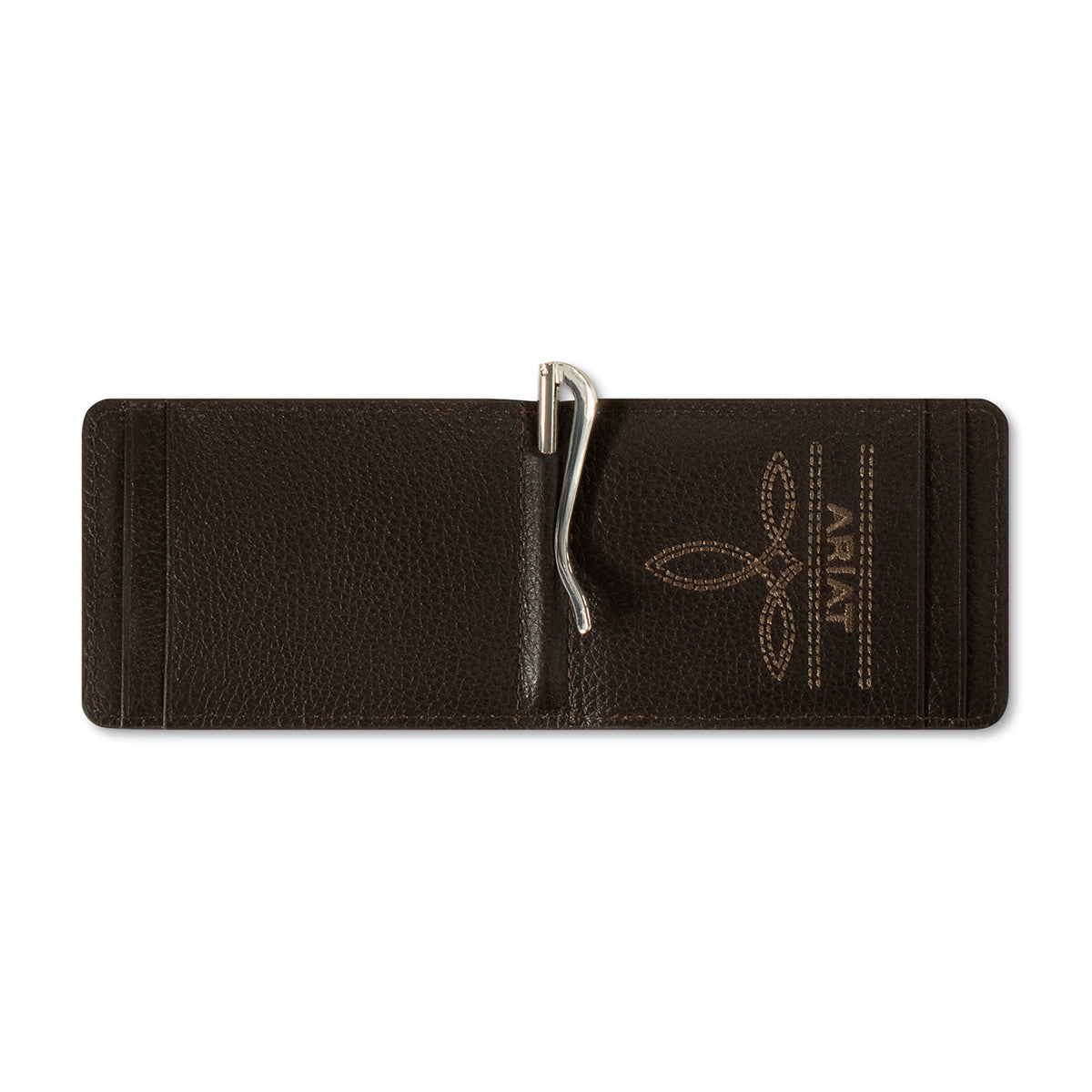 ARIAT MENS BIFOLD MONEY CLIP STYLE WALLET CALF HAIR OVERLAY CHOCOLATE