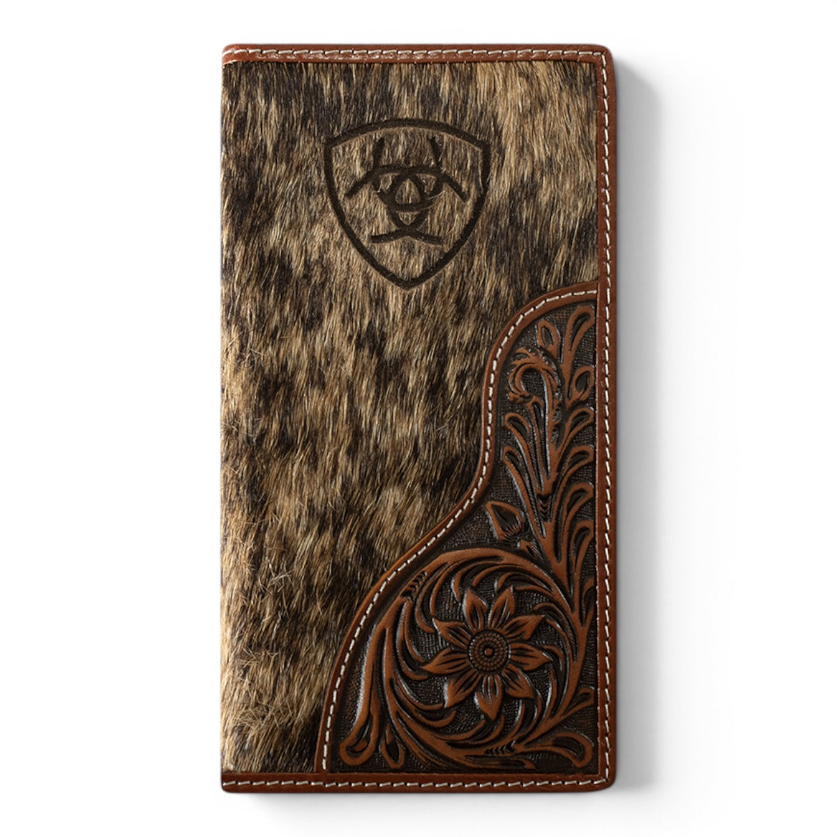 ARIAT MENS RODEO STYLE WALLET LASER ETCHED SHIELD BROWN