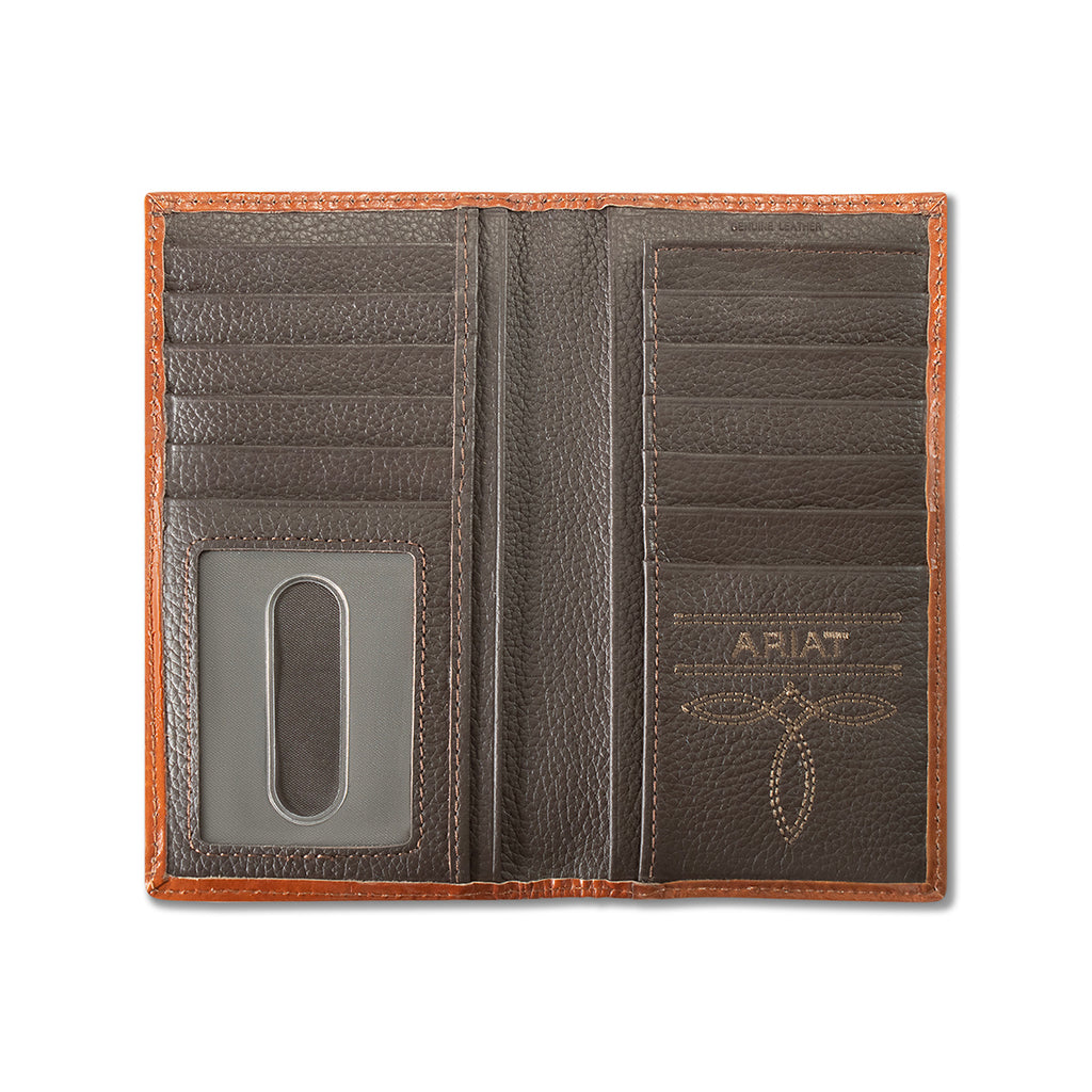 ARIAT MENS RODEO STYLE WALLET LASER ETCHED SHIELD BROWN