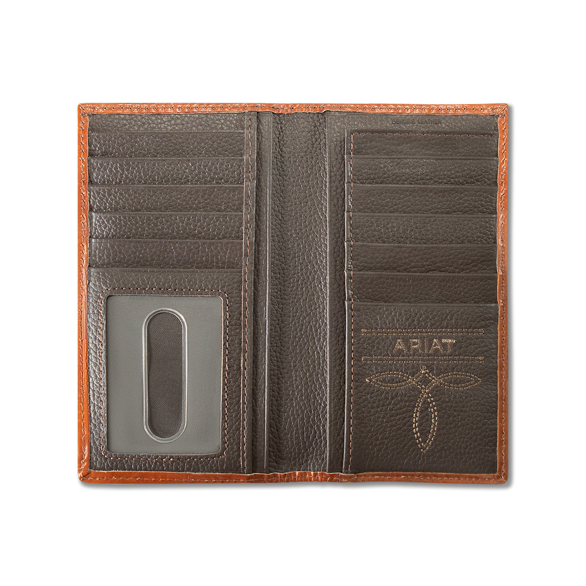 ARIAT MENS RODEO STYLE WALLET LASER ETCHED SHIELD BROWN
