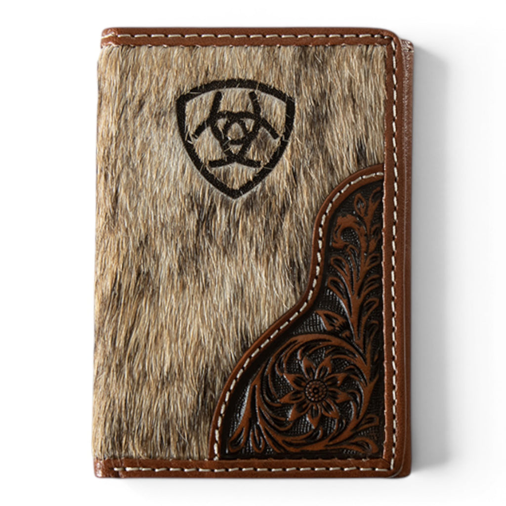 ARIAT MENS TRIFOLD STYLE WALLET LASER ETCHED SHIELD BROWN