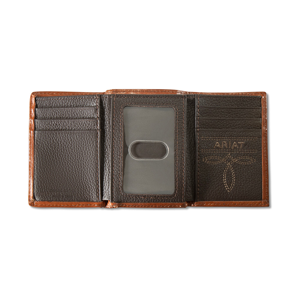 ARIAT MENS TRIFOLD STYLE WALLET LASER ETCHED SHIELD BROWN