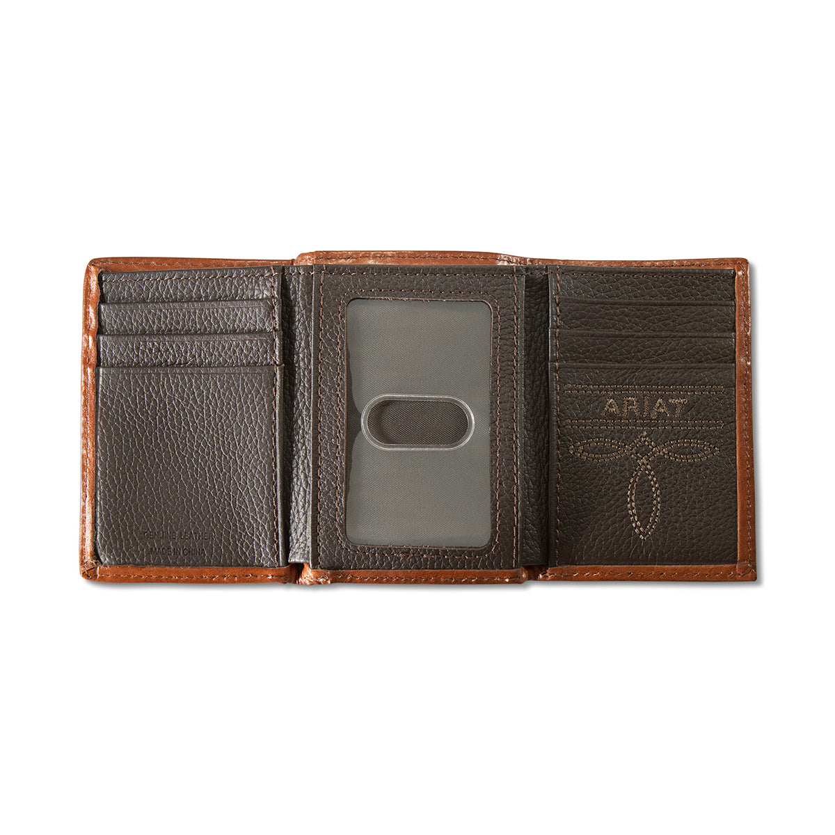 ARIAT MENS TRIFOLD STYLE WALLET LASER ETCHED SHIELD BROWN