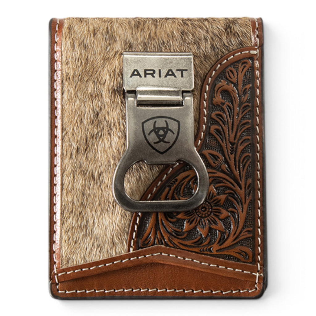 ARIAT MENS MONEY CLIP STYLE WALLET LASER ETCHED SHIELD BROWN