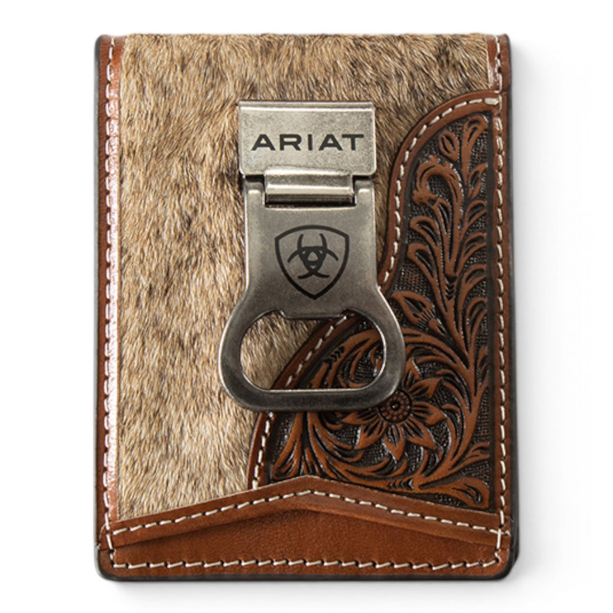 ARIAT MENS MONEY CLIP STYLE WALLET LASER ETCHED SHIELD BROWN
