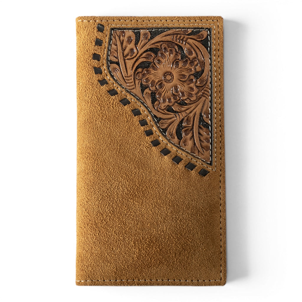 ARIAT MENS RODEO STYLE WALLET ROUGHOUT FLORAL OVERLAY TAN