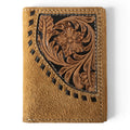 ARIAT MENS TRIFOLD STYLE WALLET ROUGHOUT FLORAL OVERLAY TAN