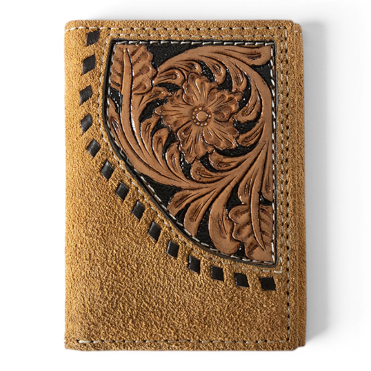 ARIAT MENS TRIFOLD STYLE WALLET ROUGHOUT FLORAL OVERLAY TAN