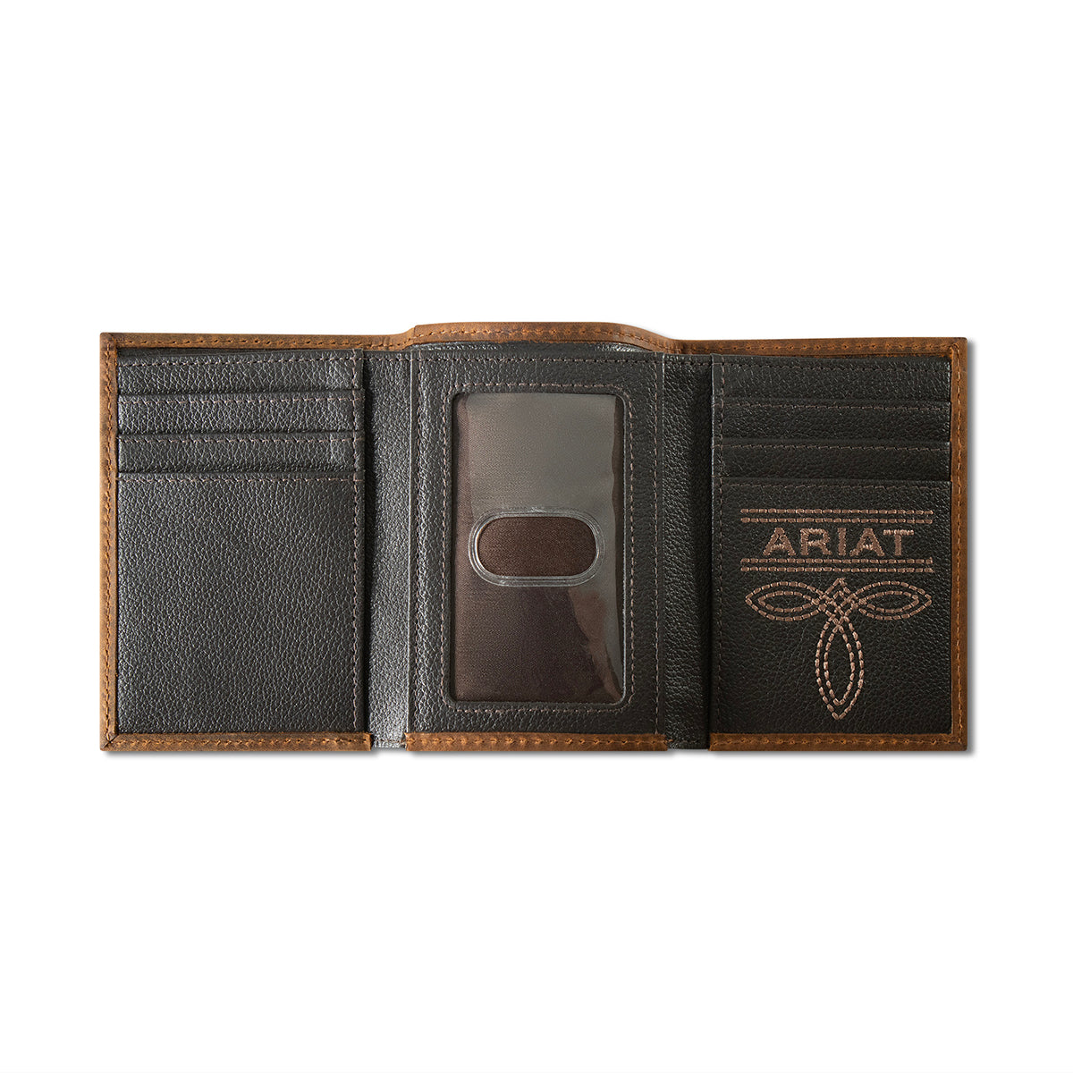 ARIAT MENS TRIFOLD STYLE WALLET BOOT STITCH OVERLAY BROWN