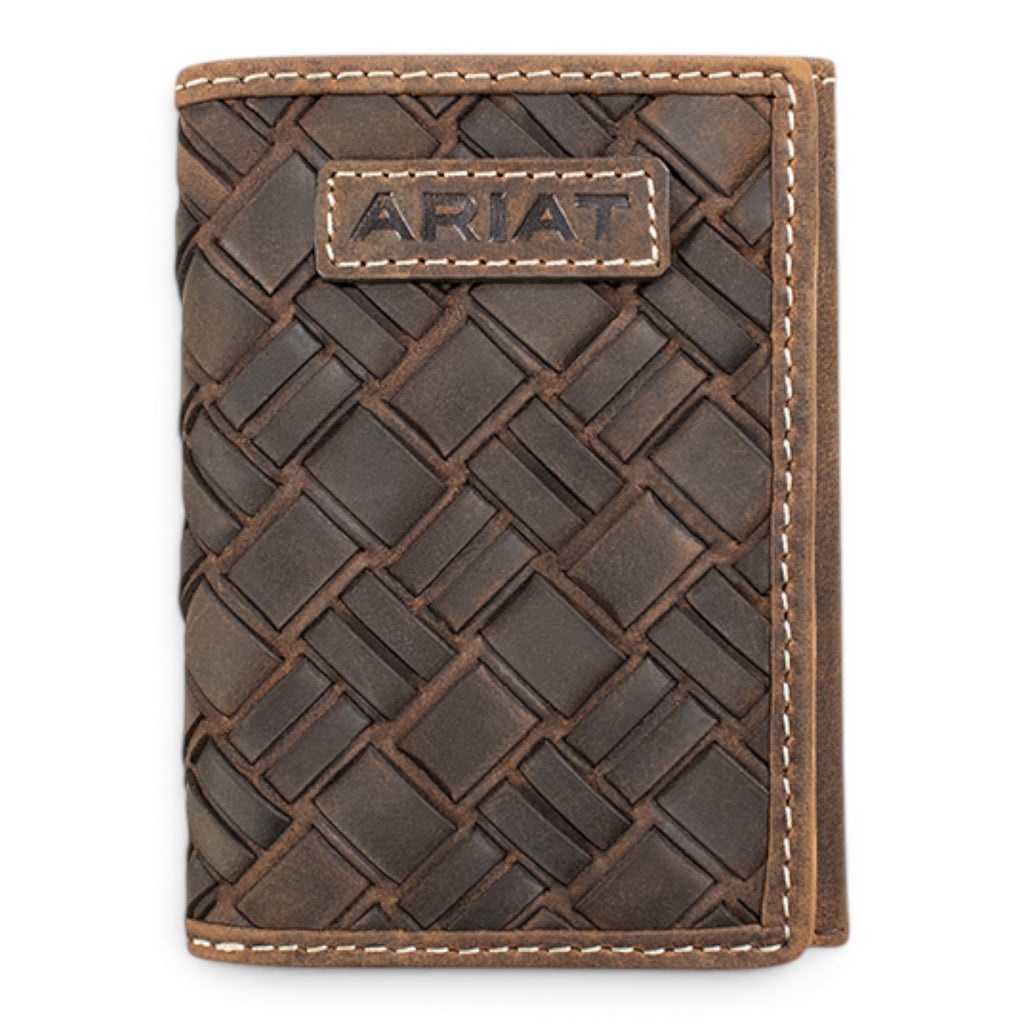 ARIAT TRIFOLD WALLET BASKET WEAVE MEDIUM BROWN