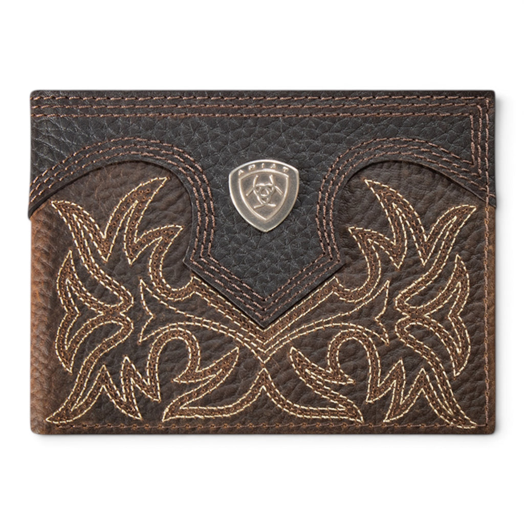 ARIAT BIFOLD WALLET BOOT STITCH SHIELD BROWN