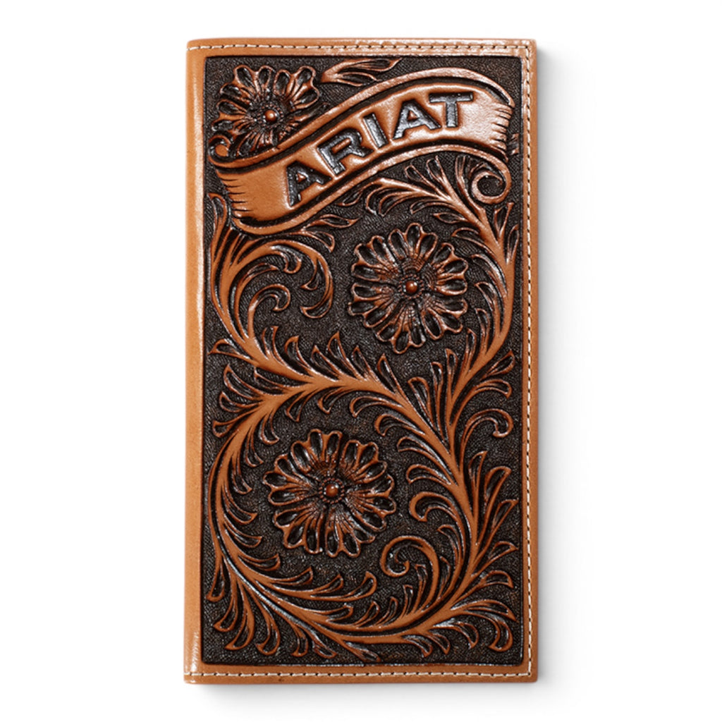 ARIAT MENS RODEO STYLE WALLET FLORAL ARIAT BANNER TAN