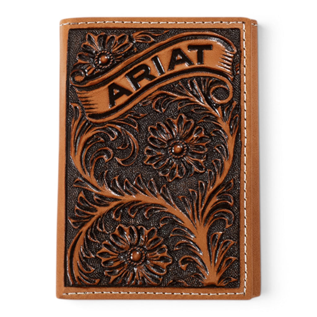 ARIAT MENS TRIFOLD STYLE WALLET FLORAL ARIAT BANNER TAN
