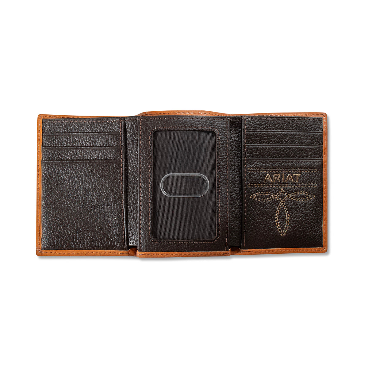 ARIAT MENS TRIFOLD STYLE WALLET FLORAL ARIAT BANNER TAN