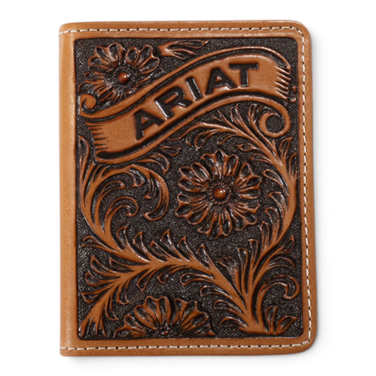 ARIAT MENS BIFOLD FLIP STYLE WALLET FLORAL ARIAT BANNER TAN