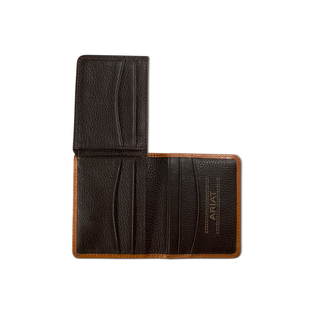 ARIAT MENS BIFOLD FLIP STYLE WALLET FLORAL ARIAT BANNER TAN