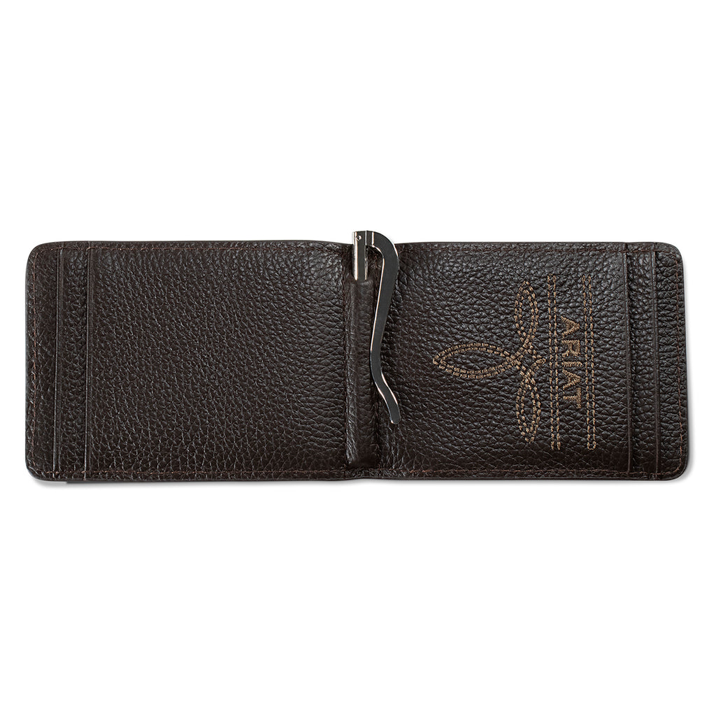 ARIAT MENS BIFOLD MONEYCLIP STYLE WALLET FLORAL ARIAT BANNER TAN