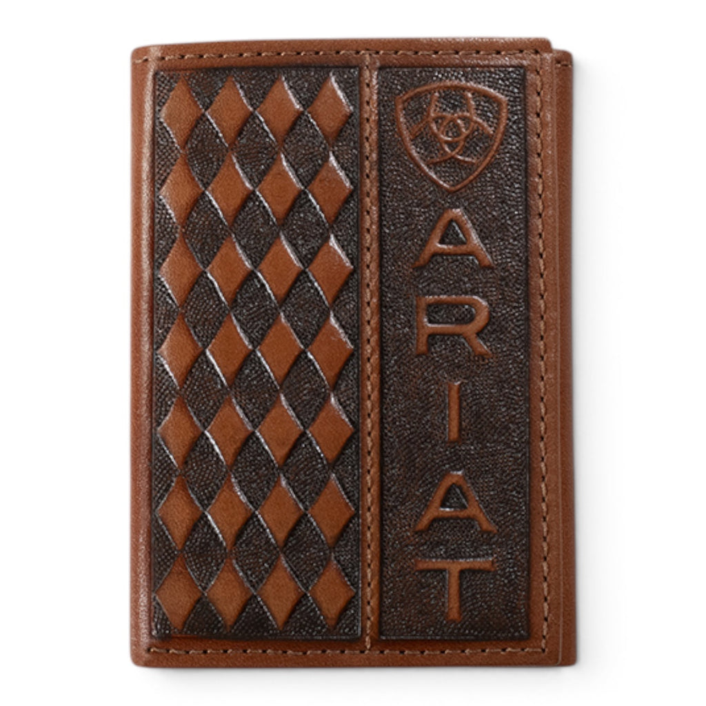 ARIAT MENS TRIFOLD STYLE WALLET DIAMOND EMBOSSED BROWN