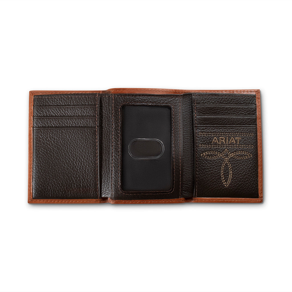 ARIAT MENS TRIFOLD STYLE WALLET DIAMOND EMBOSSED BROWN