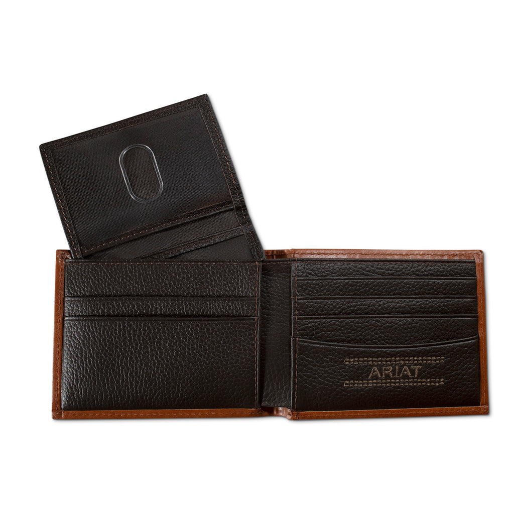 ARIAT MENS BIFOLD WITH REMOVABLE PASSCASE STYLE WALLET DIAMOND EMBOSSED BROWN