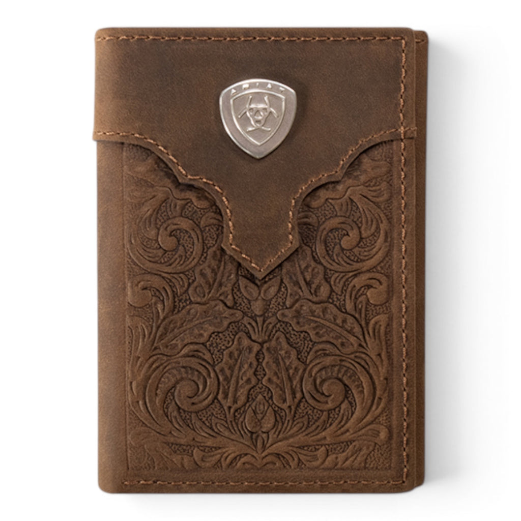 ARIAT TRIFOLD WALLET OVRLAY SCROLL EMBOSSED MEDIUM BROWN
