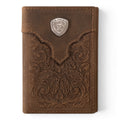 ARIAT TRIFOLD WALLET OVRLAY SCROLL EMBOSSED MEDIUM BROWN