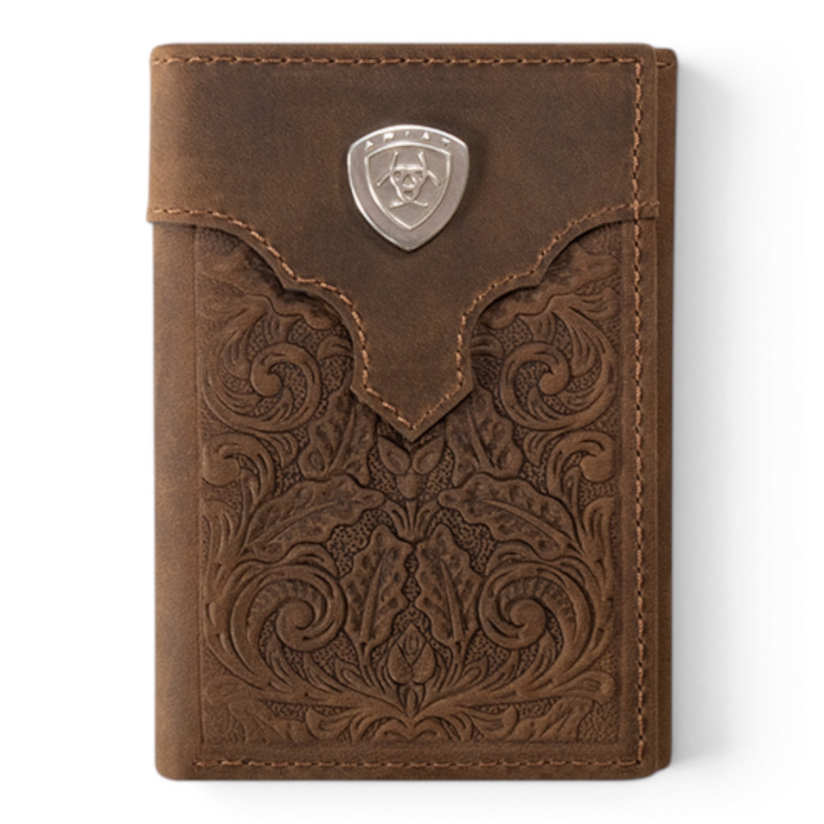 ARIAT TRIFOLD WALLET OVRLAY SCROLL EMBOSSED MEDIUM BROWN