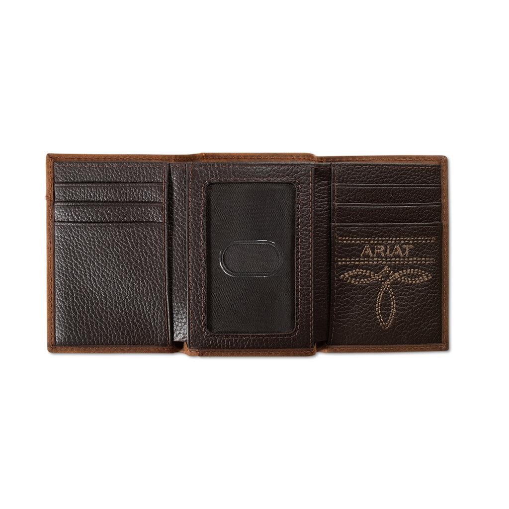 ARIAT TRIFOLD WALLET OVRLAY SCROLL EMBOSSED MEDIUM BROWN