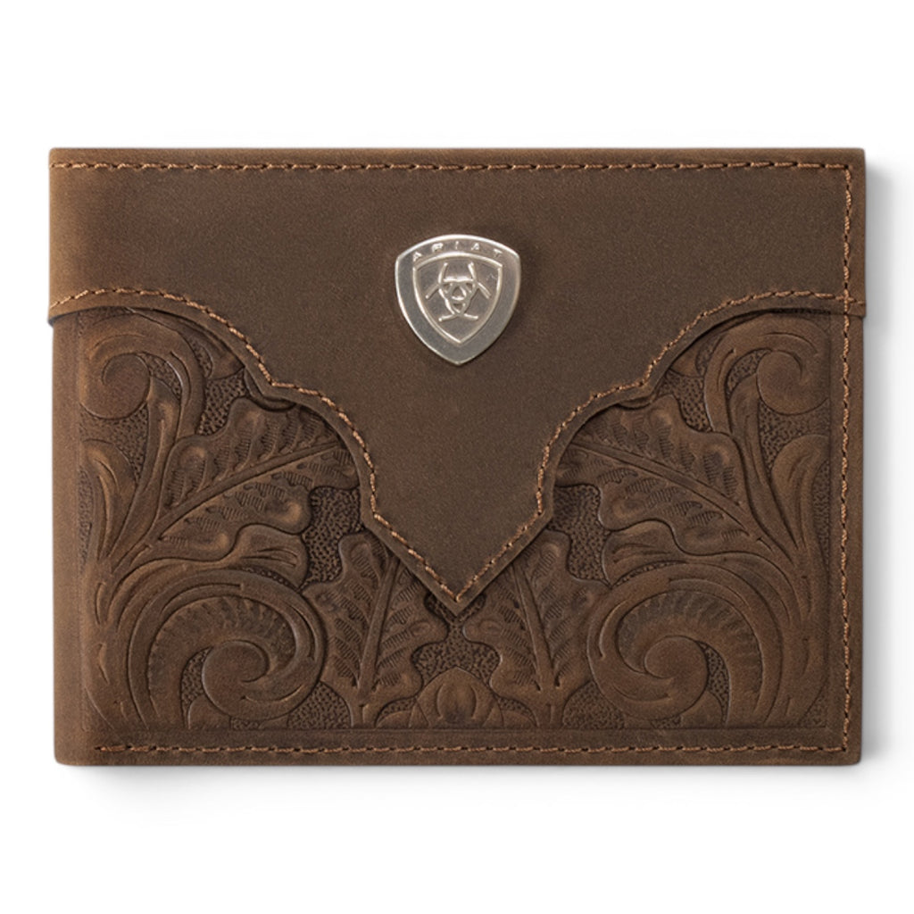 ARIAT BIFOLD WITH REMOVABLE PASSCASE WALLET OVERLAY SCROLL EMBOSSED MEDIUM BROWN
