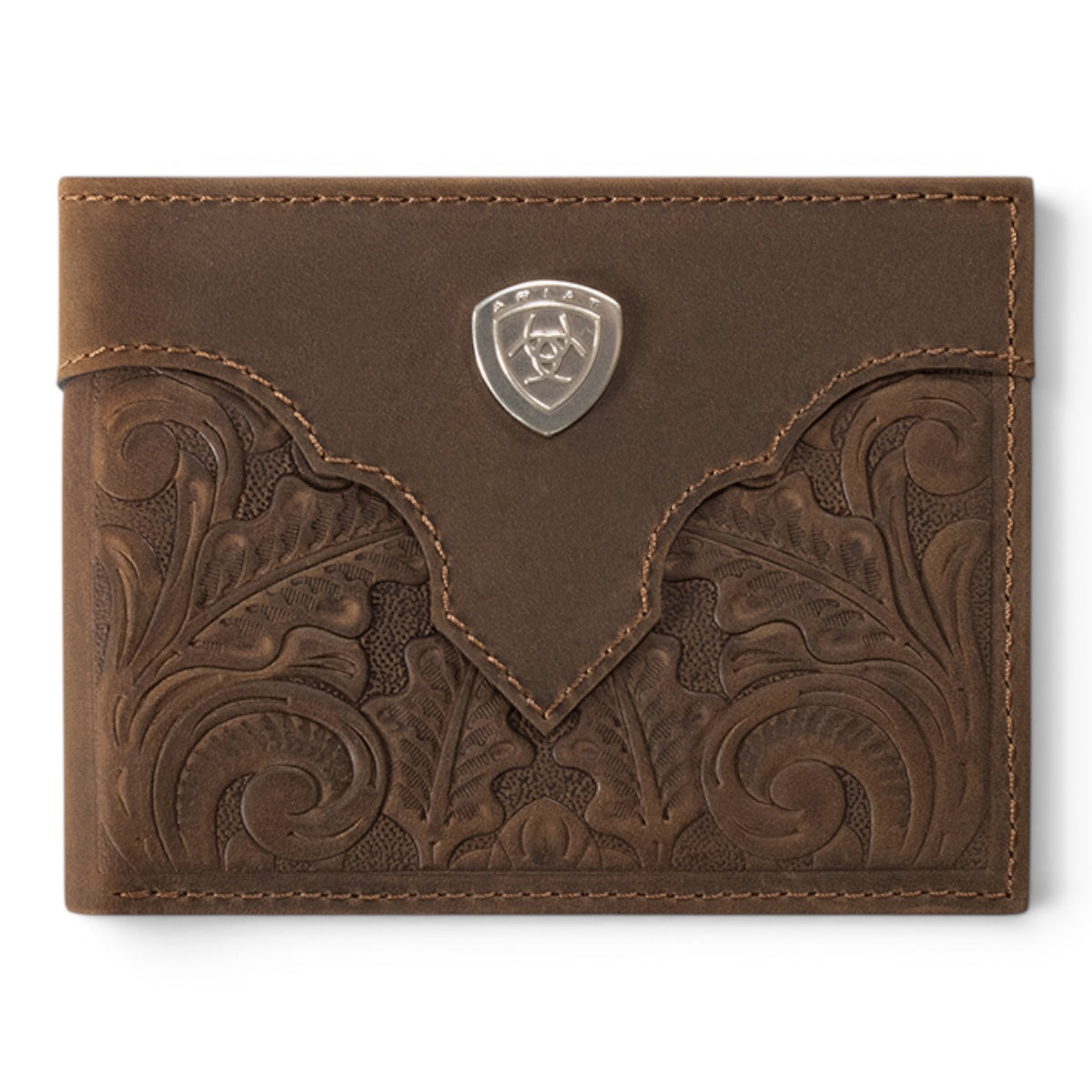 ARIAT BIFOLD WITH REMOVABLE PASSCASE WALLET OVERLAY SCROLL EMBOSSED MEDIUM BROWN