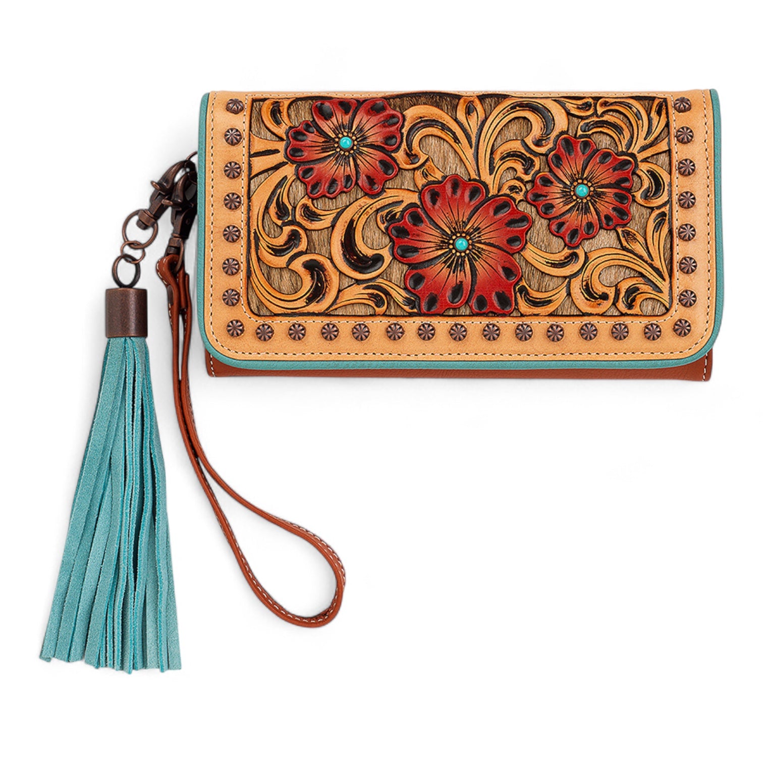 LORELEI ARIAT CLUTCH WALLET CALF HAIR TOOLED TAN