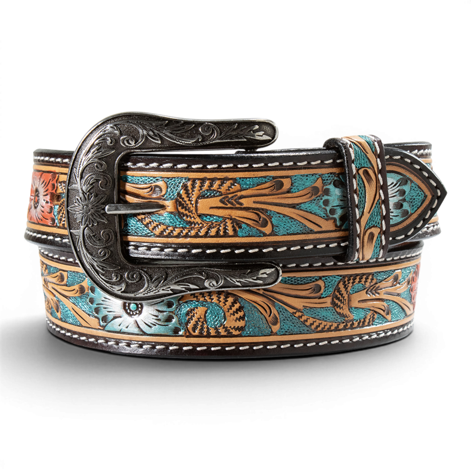 ANGEL RANCH LADIES BELT 1 1/2 METALLIC FLOWERS MULTICOLOR