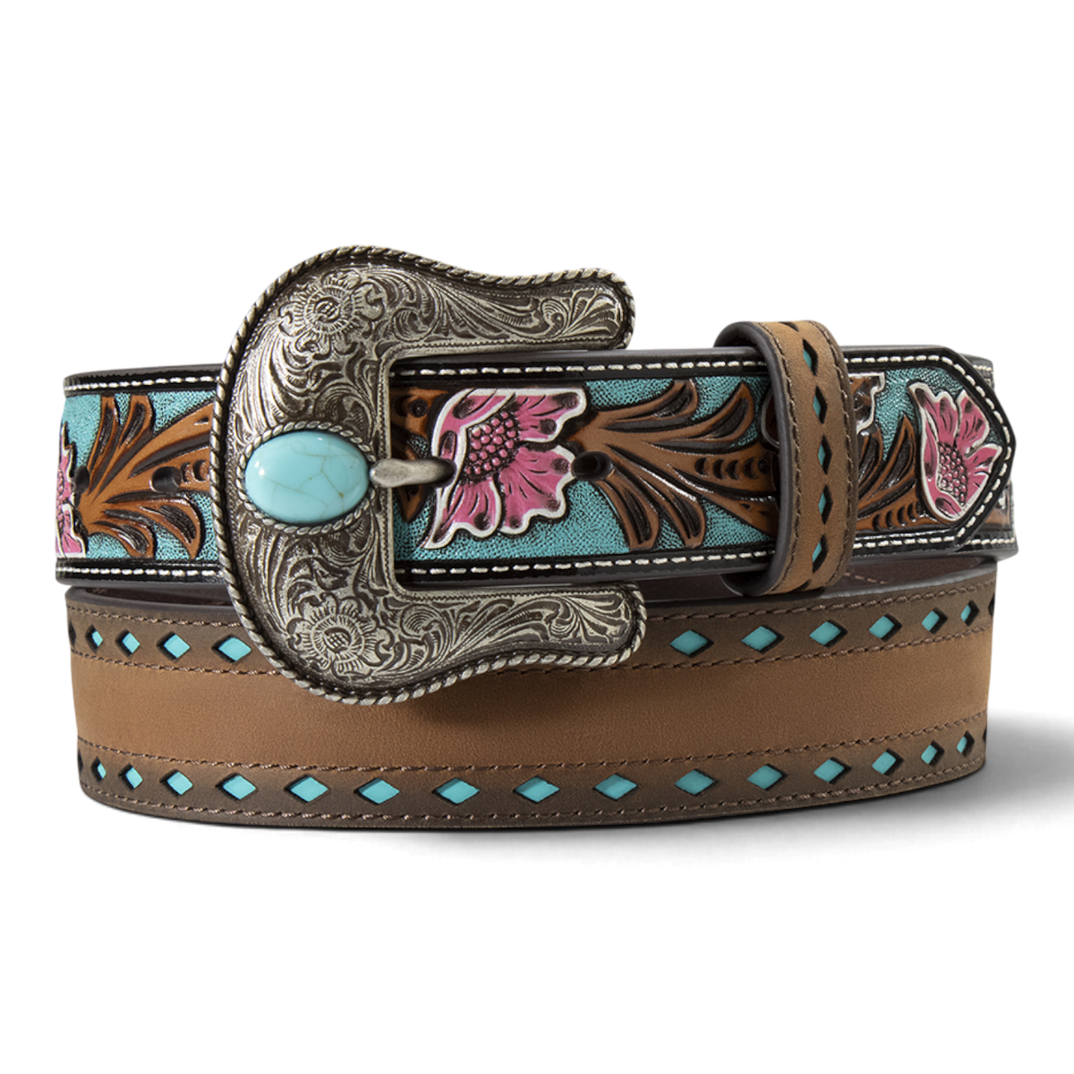 ARIAT 1 1/2 BELT FLORAL BILLETS TURQUOISE CUTOUT MULTI COLOR