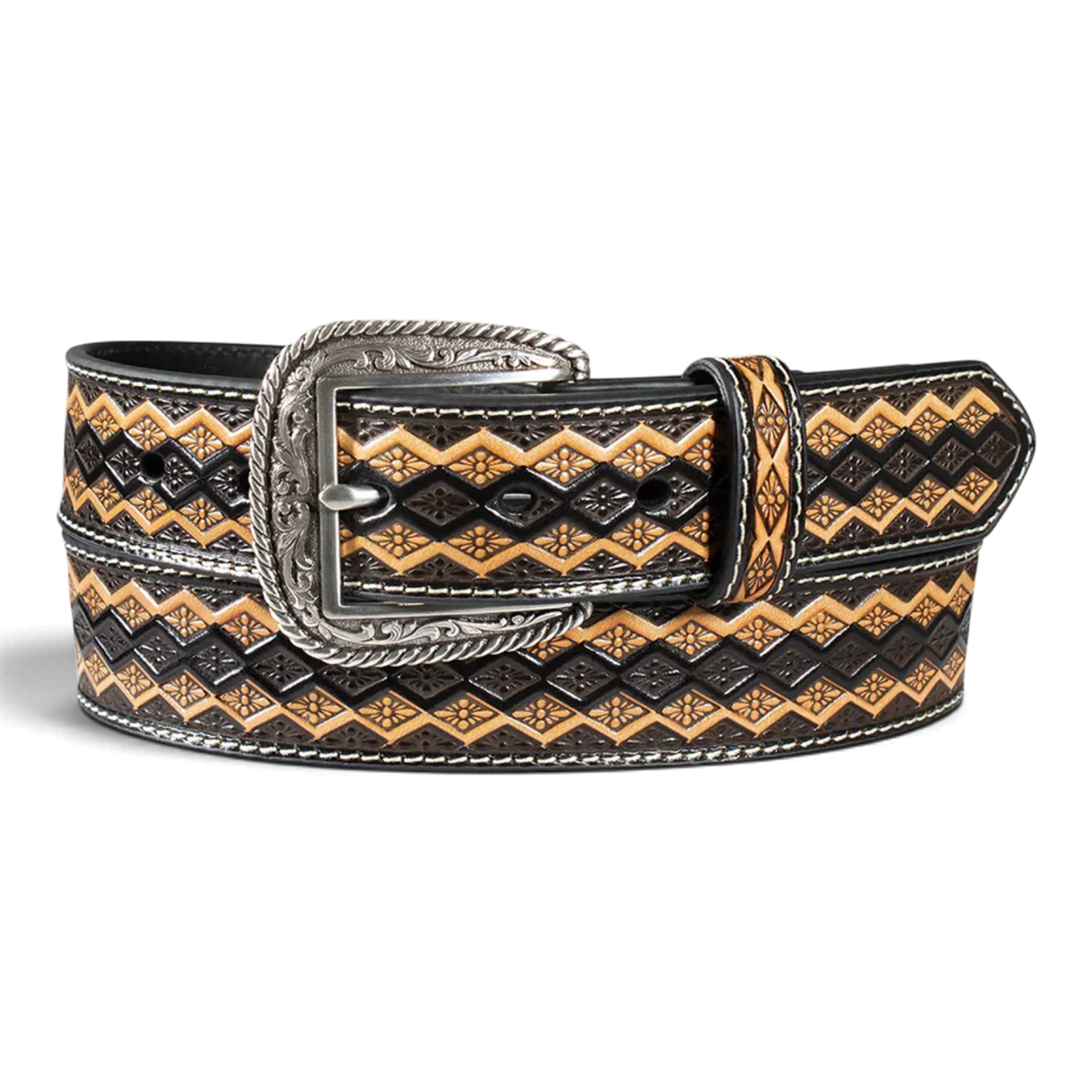ARIAT 1 1/2 DIAMOND FLORAL EMBOSSED BELT BROWN