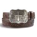 ARIAT 1 1/2 FLORAL EMBOSSED CROSS BUCKLE BROWN