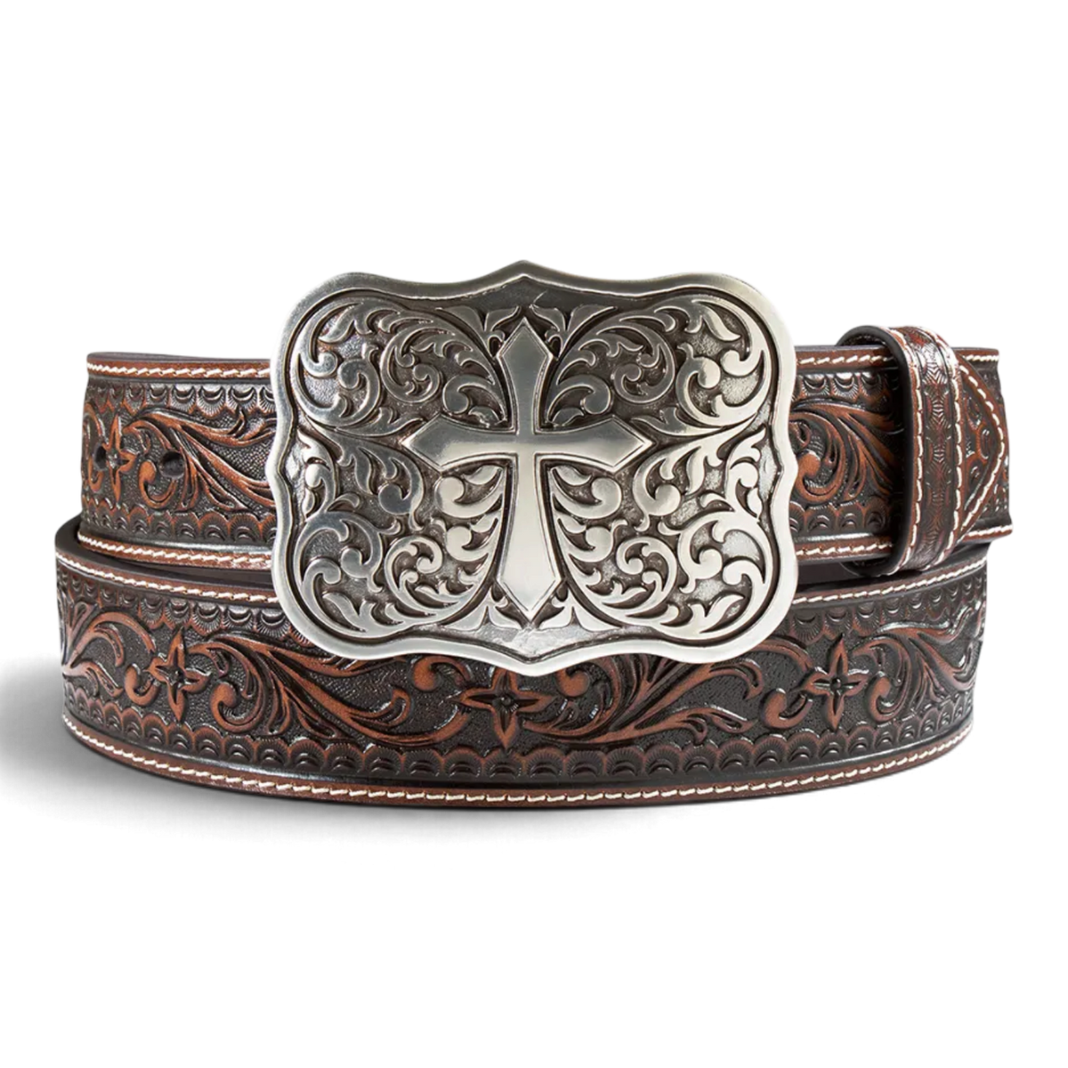 ARIAT 1 1/2 FLORAL EMBOSSED CROSS BUCKLE BROWN