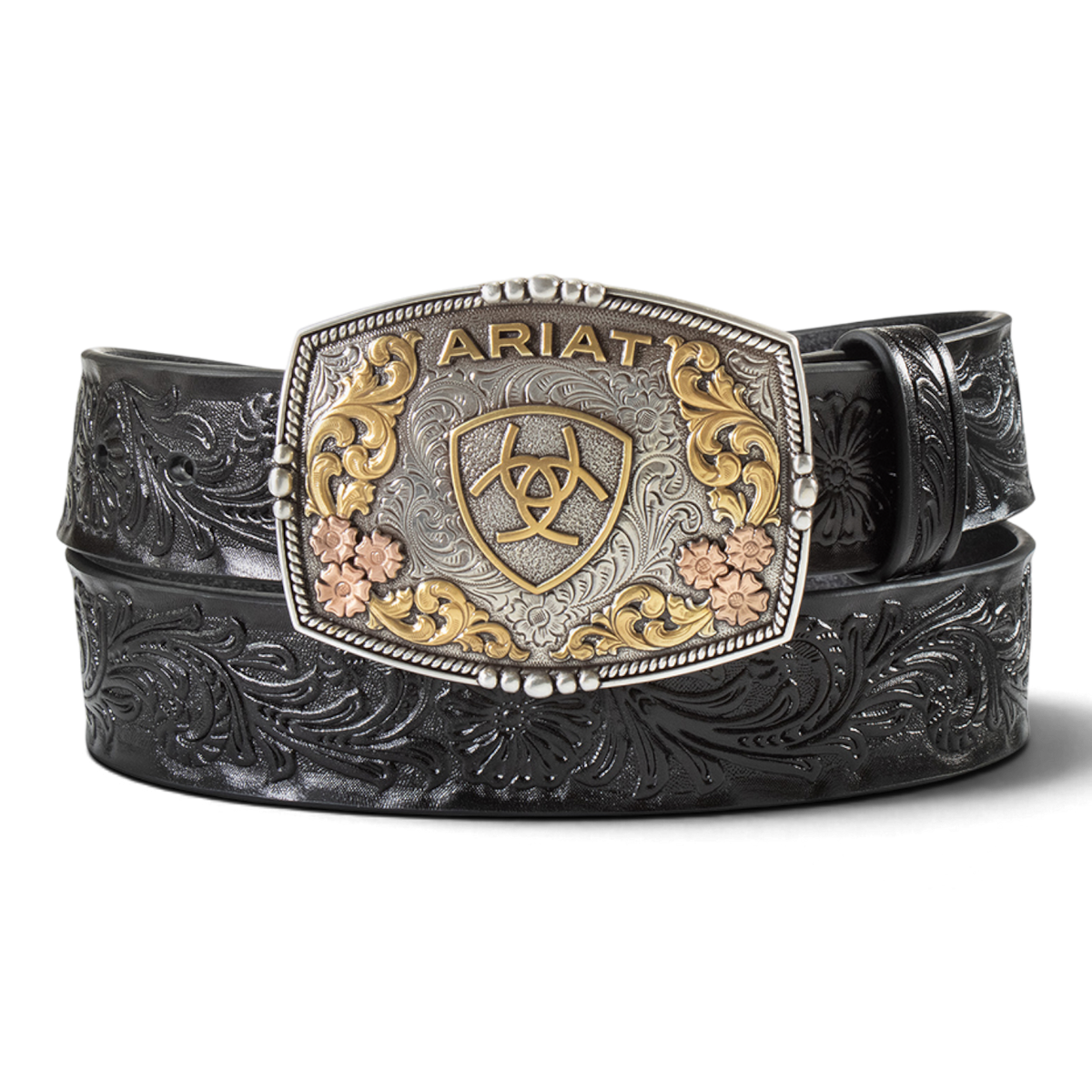 ARIAT LADIES BELT 1 1/2" FLORAL EMBOSSED BLACK