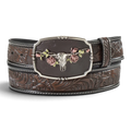 ARIAT LADIES BELT 1 1/2" LONGHORN ROSE BUCKLE DARK BROWN