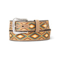 Ariat Ladies 1 1/2" brown belt with southwestern diamond inlay fabric and antique silver buckle.