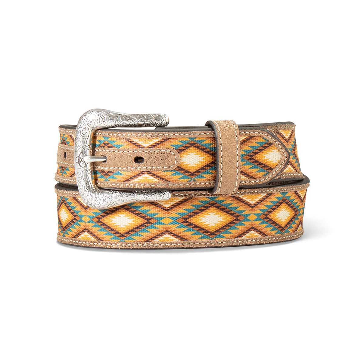 Ariat Ladies 1 1/2" brown belt with southwestern diamond inlay fabric and antique silver buckle.