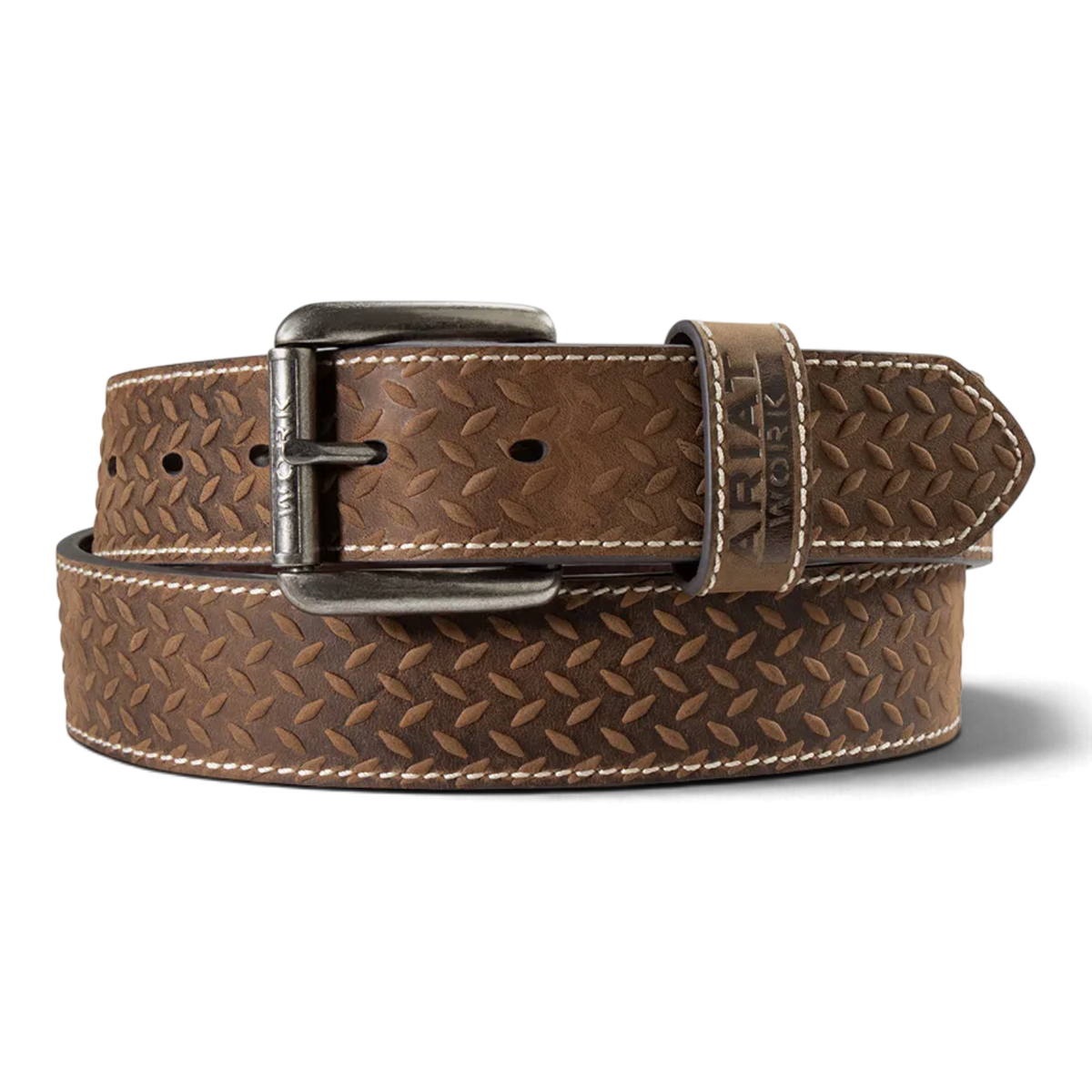 ARIAT MENS WORK BELT 1 1/2 DIAMOND PLATE EMBOSSED MEDIUM BROWN