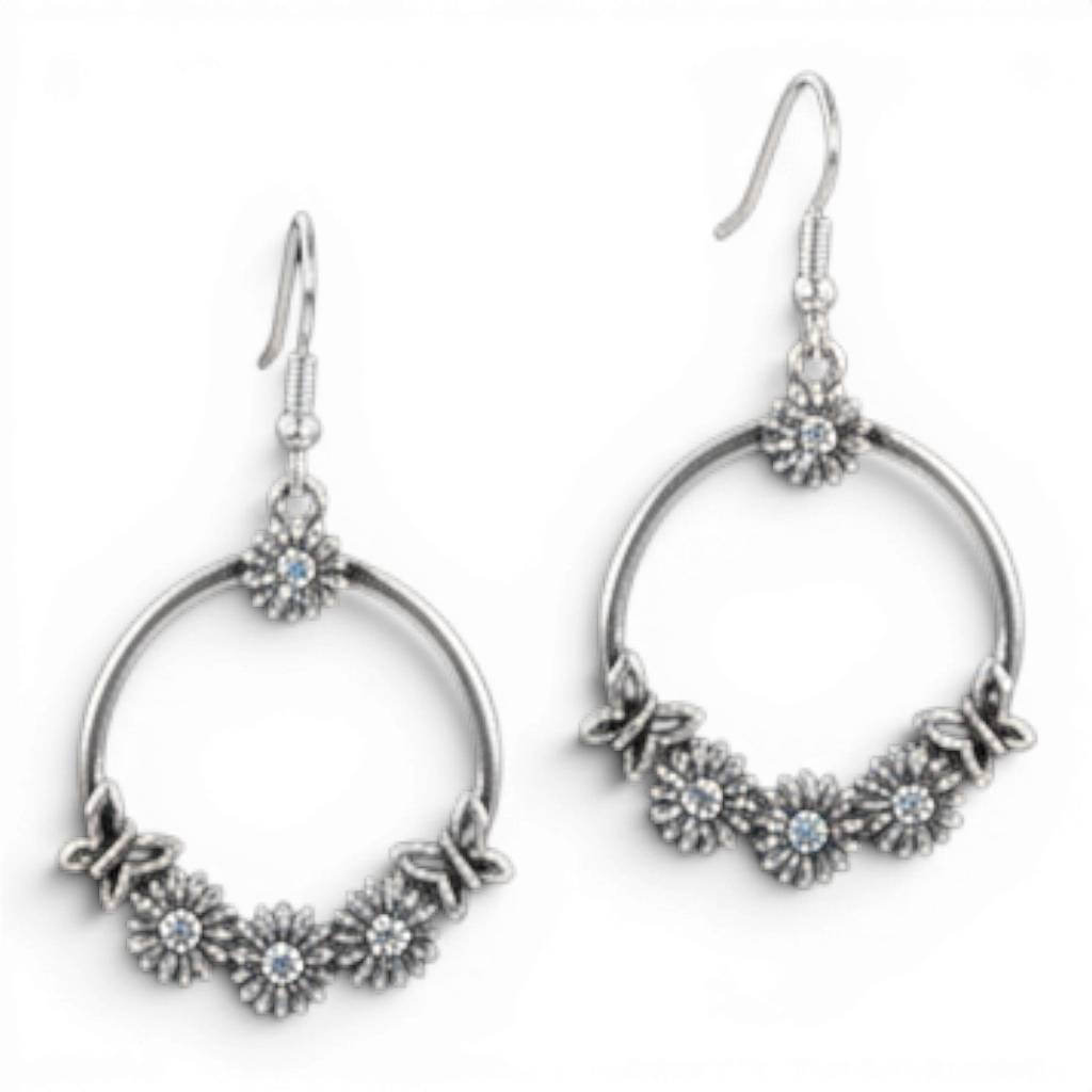 BLAZIN ROXX EARRINGS FLORAL DESIGN AND BUTTERFLY SILVER